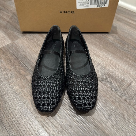 Vince Vivian Mary Jane Black Leather Crochet Ballerina Flats - Picture 6 of 16